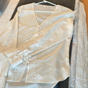 Veronica Beard blouse, silky, off white, same color embroidery and eyelet detail